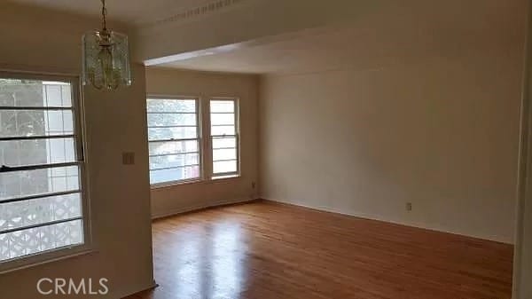 spare room featuring wood-type flooring and a chandelier