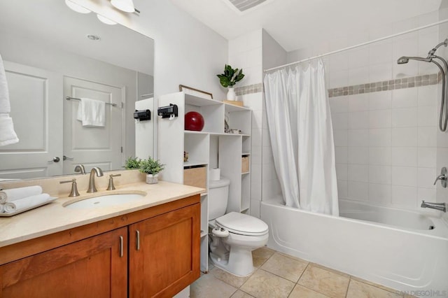 full bathroom with toilet, vanity, shower / tub combo with curtain, and tile patterned floors