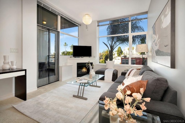 living room featuring light colored carpet