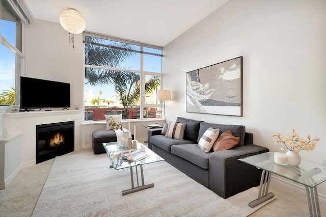 living room featuring light carpet and a healthy amount of sunlight