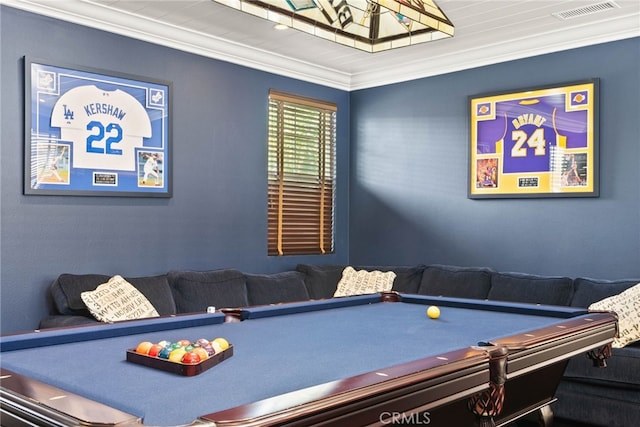 rec room featuring pool table and ornamental molding