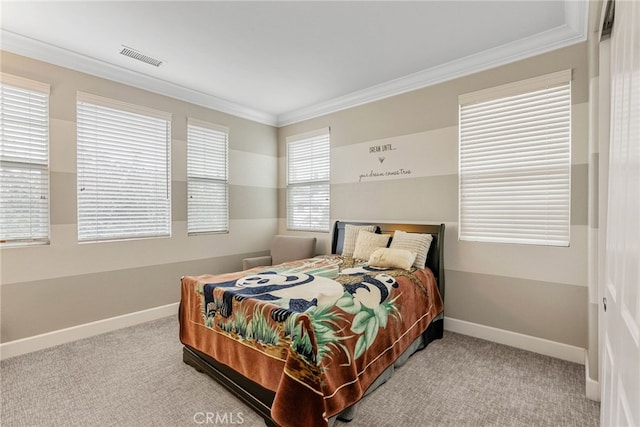 bedroom with light carpet and ornamental molding