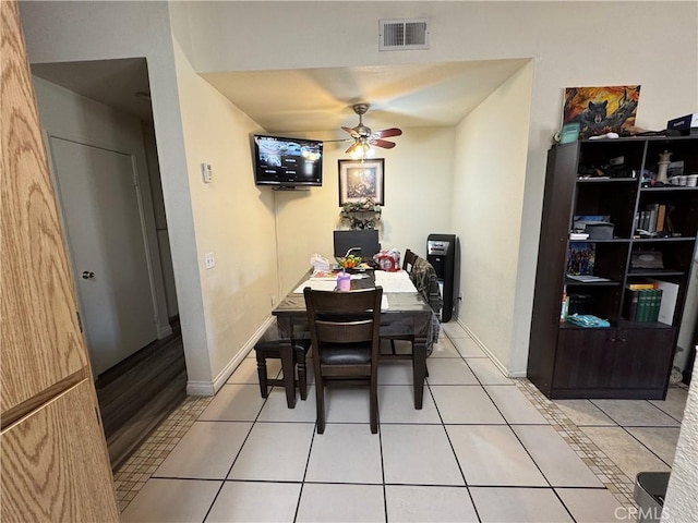 dining area featuring a ceiling fan, visible vents, baseboards, and light tile patterned floors