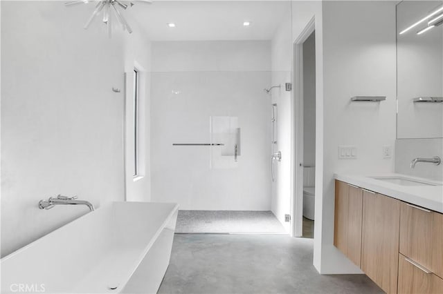 full bathroom featuring separate shower and tub, vanity, toilet, and concrete floors