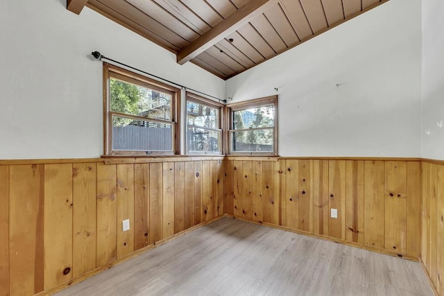 unfurnished room featuring light hardwood / wood-style floors, wooden ceiling, and lofted ceiling with beams