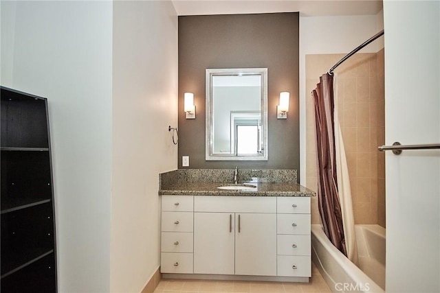 bathroom featuring tile patterned floors, vanity, and shower / bathtub combination with curtain