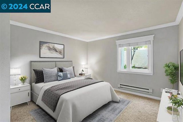 bedroom with light colored carpet, a baseboard heating unit, and ornamental molding