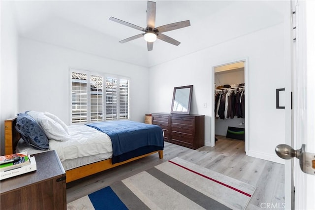 bedroom with ceiling fan, a closet, a spacious closet, and wood-type flooring