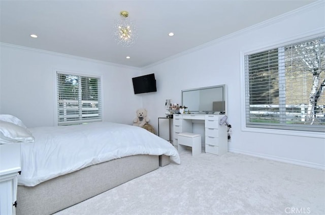 bedroom featuring ornamental molding, multiple windows, and carpet floors