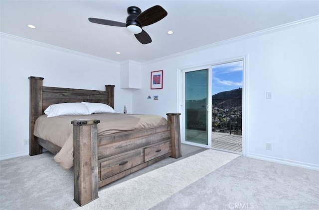 carpeted bedroom with ceiling fan, access to exterior, and ornamental molding