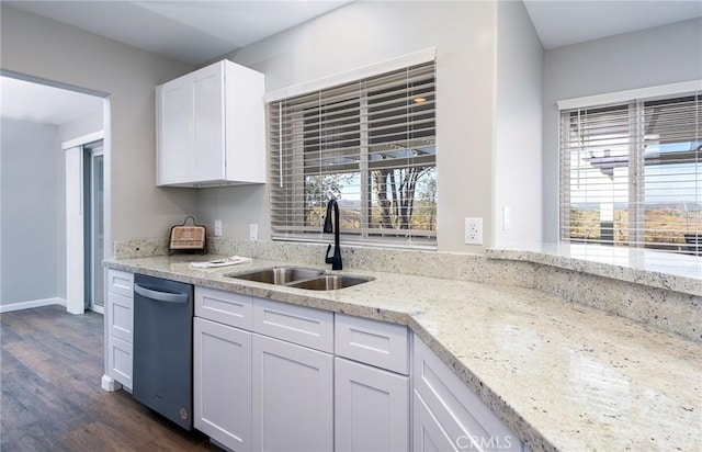 kitchen featuring light stone countertops, white cabinets, dishwasher, dark hardwood / wood-style flooring, and sink