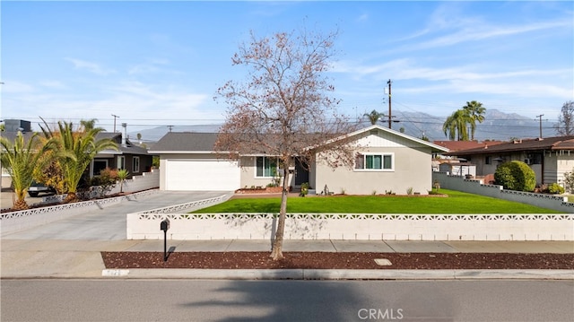 ranch-style house with a garage and a front yard