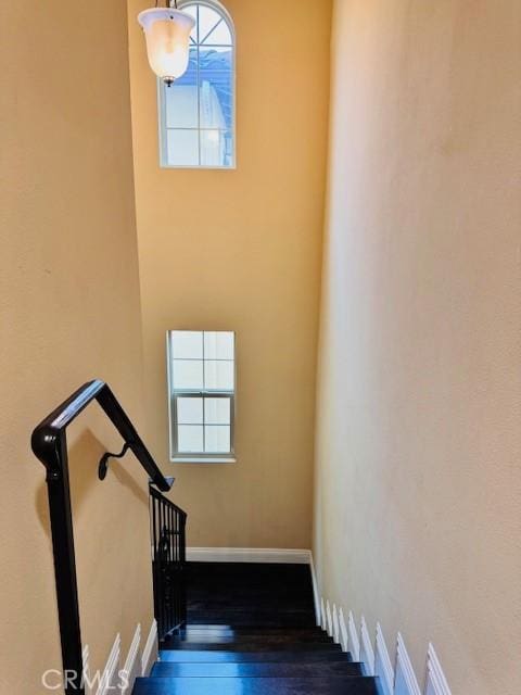 stairway with hardwood / wood-style flooring