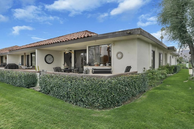 back of house featuring ceiling fan, a yard, and a patio