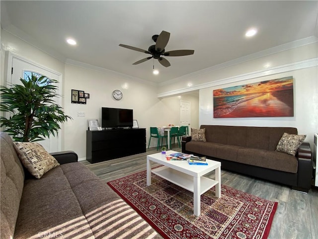 living room with ceiling fan, ornamental molding, and hardwood / wood-style floors