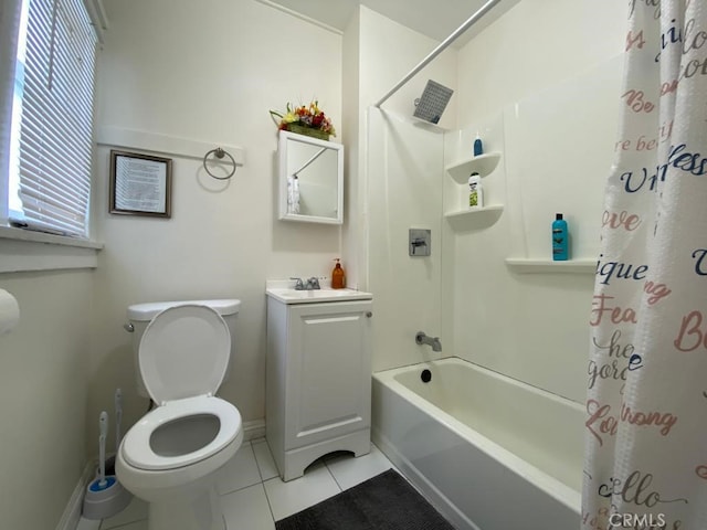 full bathroom featuring toilet, tile patterned floors, vanity, and shower / tub combo with curtain