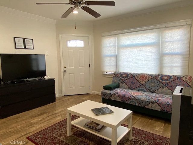 living room with ceiling fan, crown molding, and hardwood / wood-style floors