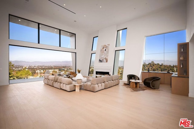 living room with a mountain view, a healthy amount of sunlight, a towering ceiling, and light wood-type flooring