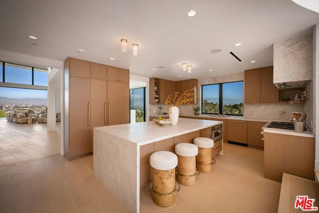 kitchen featuring light hardwood / wood-style flooring, tasteful backsplash, and a center island