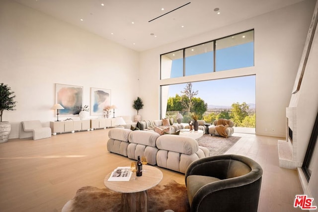 living room with light hardwood / wood-style floors and a towering ceiling