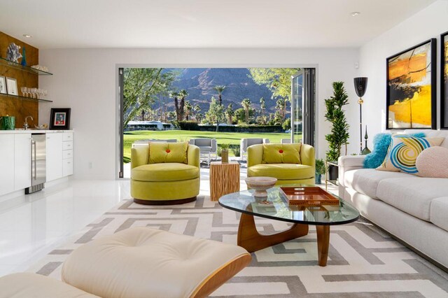 living room with indoor wet bar and beverage cooler