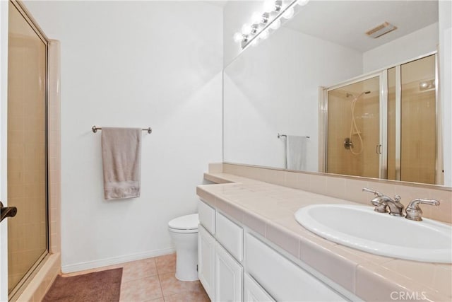 bathroom with toilet, tile patterned floors, a shower with door, and vanity