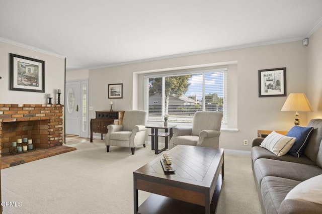 living room with a brick fireplace, light carpet, and crown molding