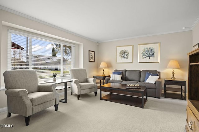 carpeted living room with ornamental molding