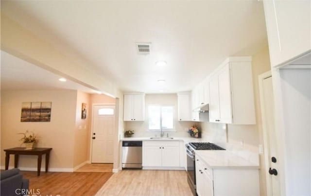 kitchen with white cabinetry, stainless steel appliances, sink, and light wood-type flooring