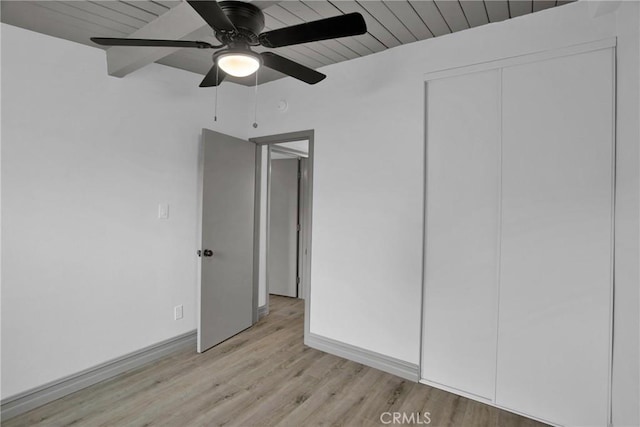 unfurnished bedroom featuring ceiling fan, light hardwood / wood-style floors, and a closet