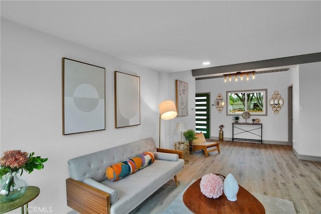 living room with light hardwood / wood-style flooring