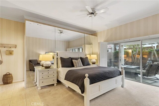 tiled bedroom featuring access to outside and ceiling fan