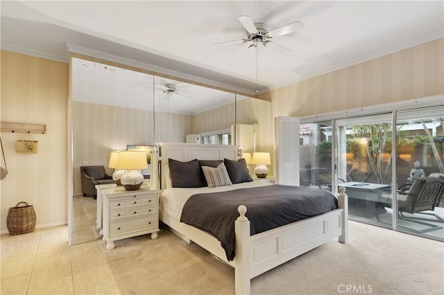 28 Pebble Beach Dr, Rancho Mirage, CA 92270 - bedroom with access to outside, crown molding, wallpapered walls, a ceiling fan, and light tile patterned floors