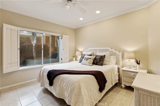 bedroom with crown molding, light tile patterned flooring, and ceiling fan