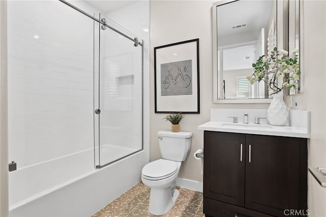 full bathroom with toilet, vanity, shower / bath combination with glass door, and tile patterned flooring