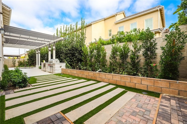 view of yard with a patio, area for grilling, and a pergola