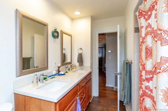 bathroom with hardwood / wood-style flooring and vanity