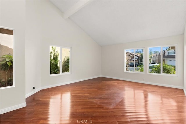 interior space featuring wood-type flooring, high vaulted ceiling, and beamed ceiling