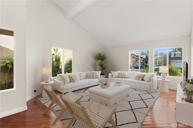 living room featuring high vaulted ceiling, a wealth of natural light, hardwood / wood-style flooring, and beamed ceiling