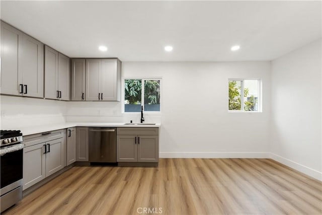 kitchen with appliances with stainless steel finishes, sink, gray cabinetry, and light hardwood / wood-style floors