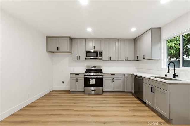 kitchen with gray cabinets, stainless steel appliances, light hardwood / wood-style flooring, and sink