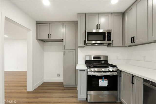 kitchen featuring light wood-type flooring, stainless steel appliances, and gray cabinetry