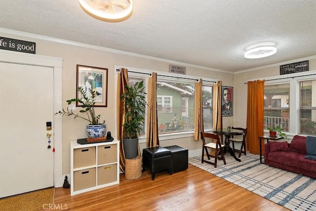 living area with ornamental molding, hardwood / wood-style floors, and a textured ceiling