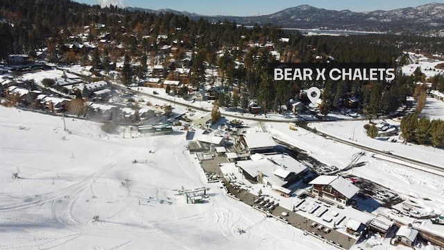 snowy aerial view with a mountain view