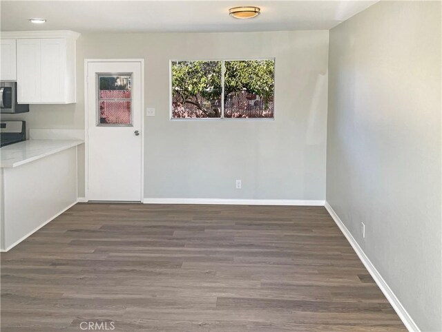 unfurnished dining area featuring dark wood-type flooring