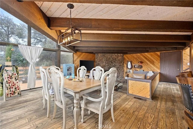 dining area featuring wood walls, hardwood / wood-style floors, beam ceiling, an inviting chandelier, and wooden ceiling