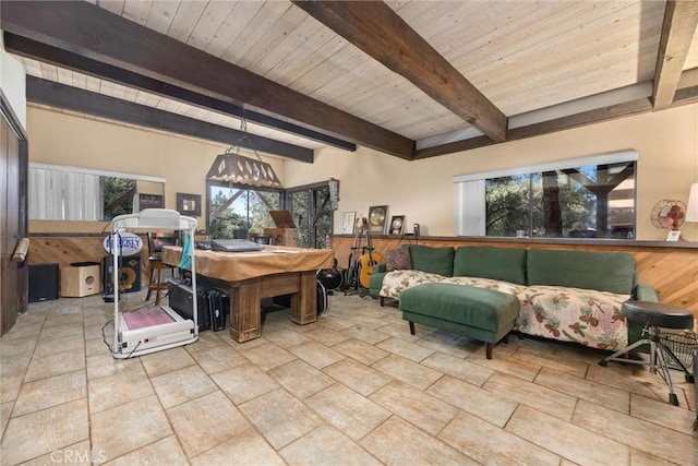 dining room featuring wood ceiling, beamed ceiling, and wooden walls