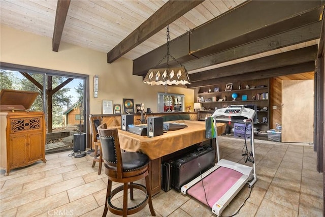 bar featuring wood ceiling, built in shelves, hanging light fixtures, light tile patterned flooring, and beam ceiling