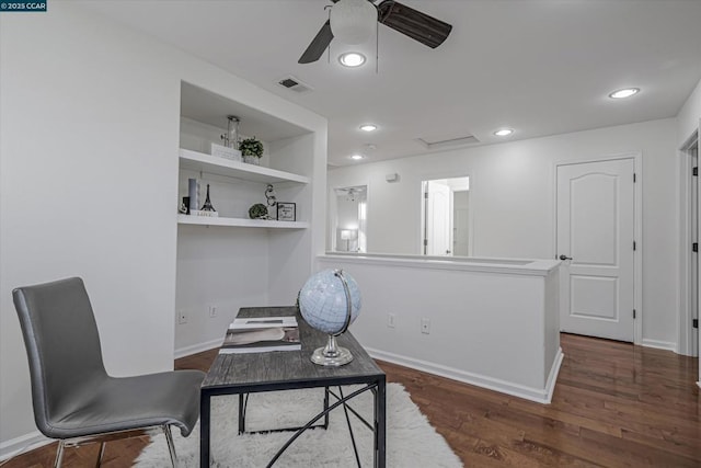 office space featuring dark hardwood / wood-style floors and ceiling fan