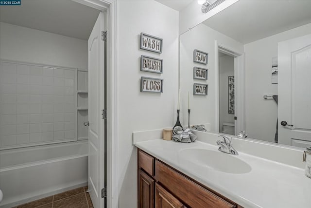 full bathroom with tile patterned floors, shower / tub combination, vanity, and toilet